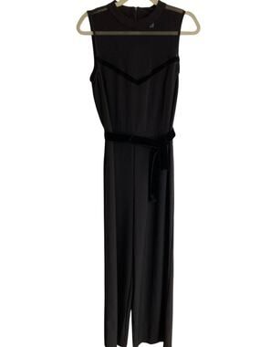 Black Sheer Panel Velvet Trim Straight Leg Jumpsuit Size 12 Office Siren Career